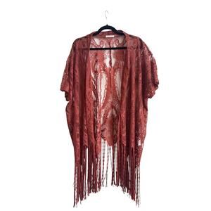 emerette Dusty Rose Pink Lace Open Front Kimono Cardigan with Long Fringe